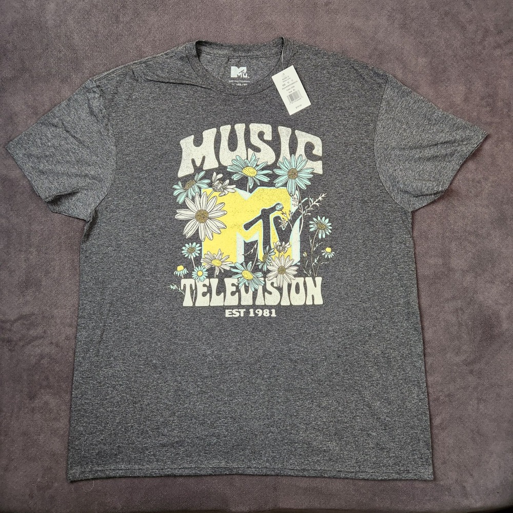 MTV Music Television Graphic T Shirt XL‎ Extra Large Gray Floral Logo Est 1981